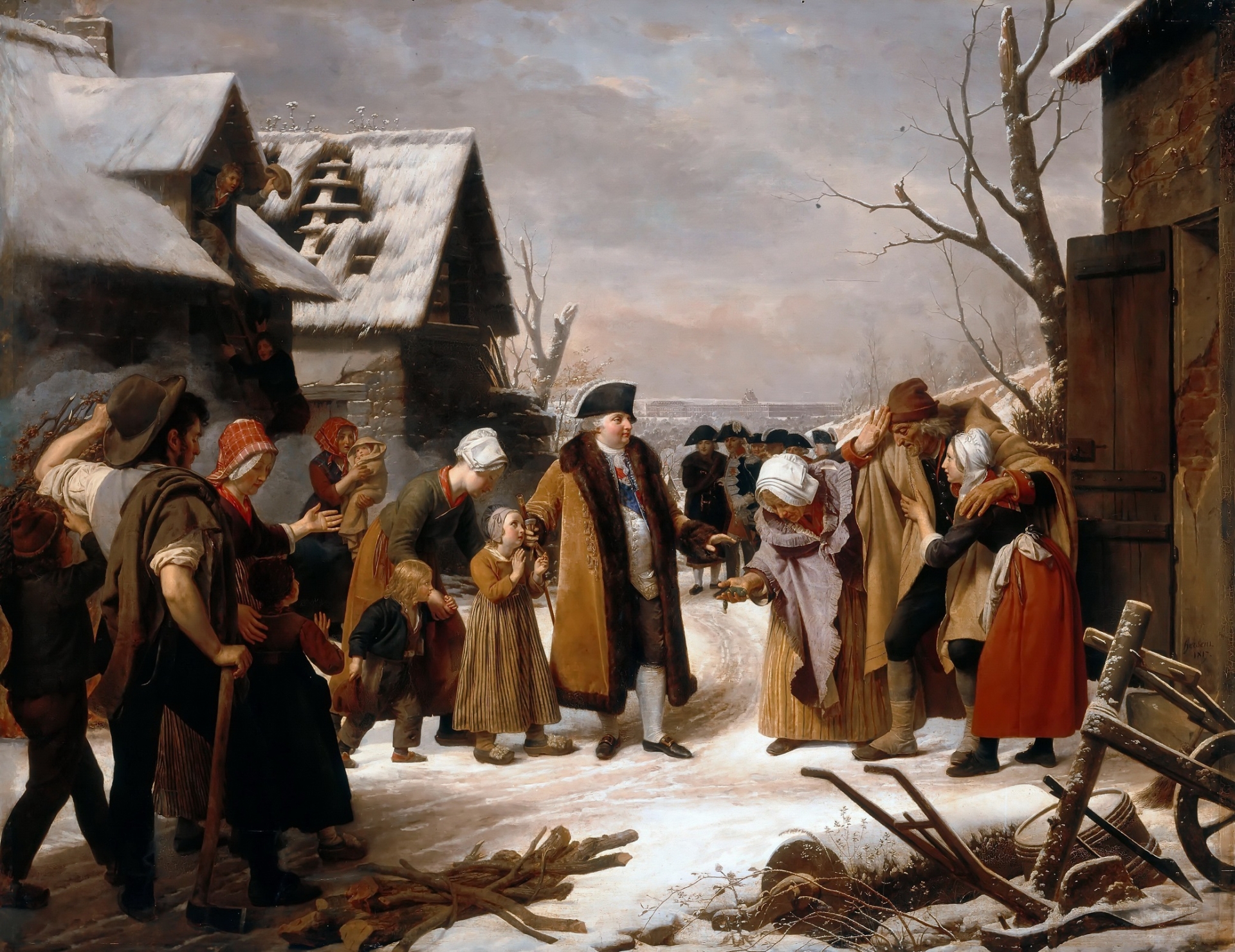 In this oil painting by Louis Hersent, Louis XVI is portrayed distributing alms to the poor.