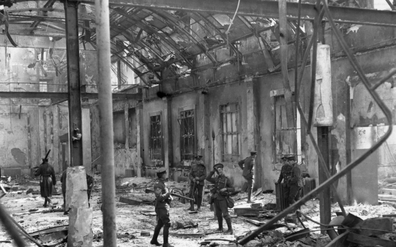 Soldiers inspect the interior of the Dublin's General Post Office