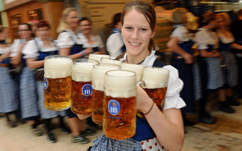 A Reveler Dressed in a Traditional Bavarian Dirndl Dress