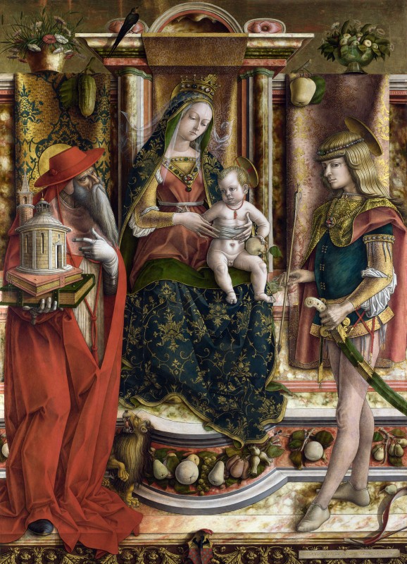 Virgin and Child enthroned with Saint Jerome and Saint Sebastian, c.1490, Oil on Poplar