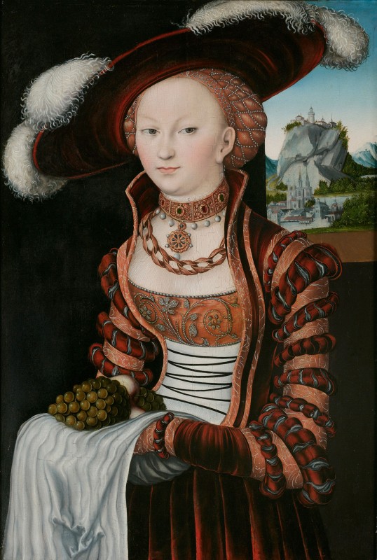 Portrait of a Young Woman Holding Grapes and Apples, c.1528, Oil on Oak Panel