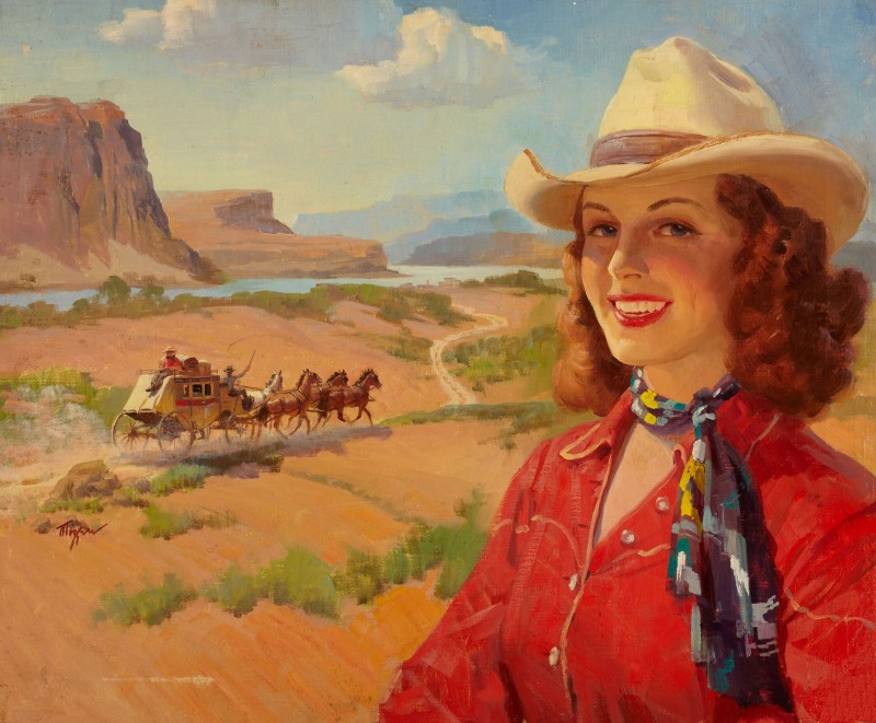 Cowgirl and Stagecoach, Santa Fe Railroad ad Illustration, c.1930, Oil on Panel