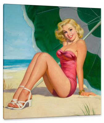 Blonde Pin-Up Under Beach Umbrella, c.1948, Oil on Board