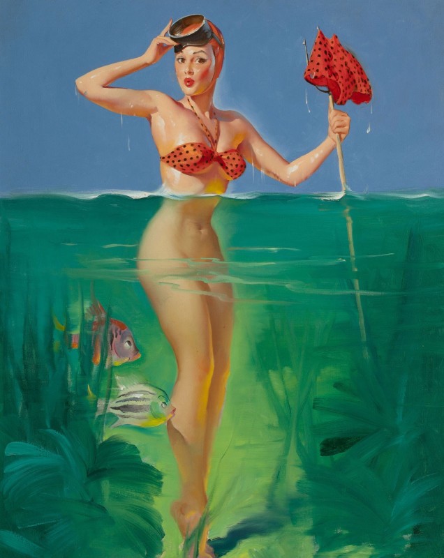 Surprise Catch, Calendar Pin Up, c.1952, Oil on Canvas