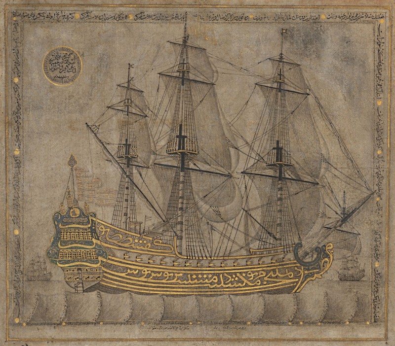 Mythical Calligraphic Galleon, c.1766, Black Ink and Gold Leaf on Paper 