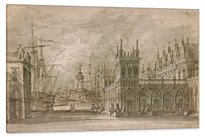 Seaport, Design for a Stage Set, c.1840, Brown Ink, Gray Wash on Paper