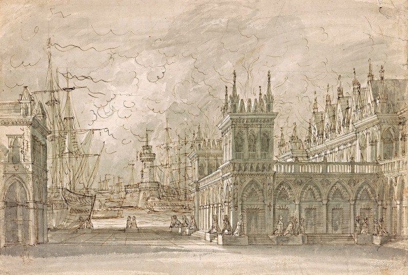 Seaport, Design for a Stage Set, c.1840, Brown Ink, Gray Wash on Paper
