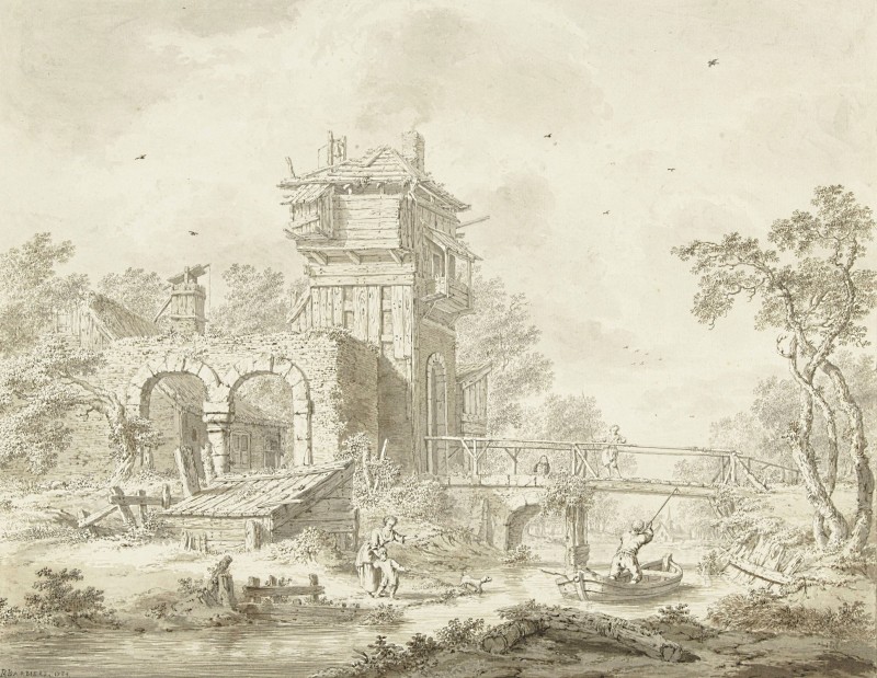 Remnants of an Ancient Gatehouse with Bridge, c.1784, Pencil with Color Wash