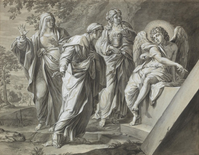 Three Holy Women at the Tomb of Jesus, c.1798, Pen with Black Ink, Grey and Brown Wash on Parchment