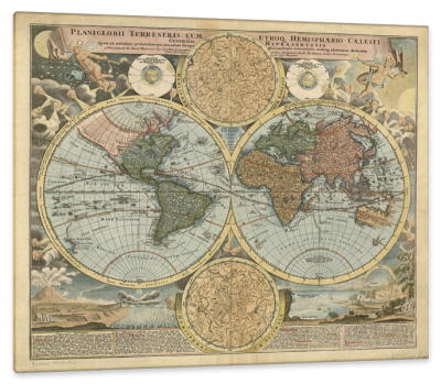 Terrestrial and Hemispherical World Map, c.1700, Engraving on Parchment