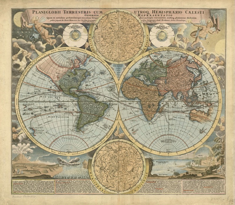 Terrestrial and Hemispherical World Map, c.1700, Engraving on Parchment
