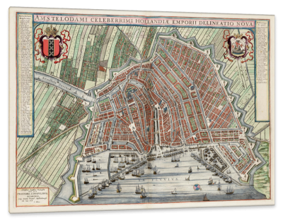Map of Amsterdam in the Netherlands, c.1649, Printed on Parchment