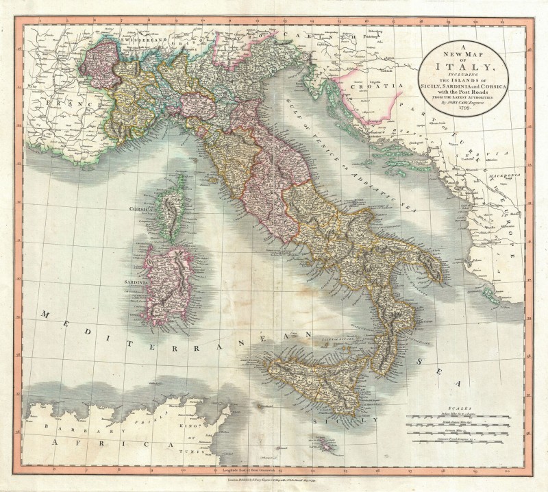18th Century Map of Italy, c.1799, Engraving on Parchment