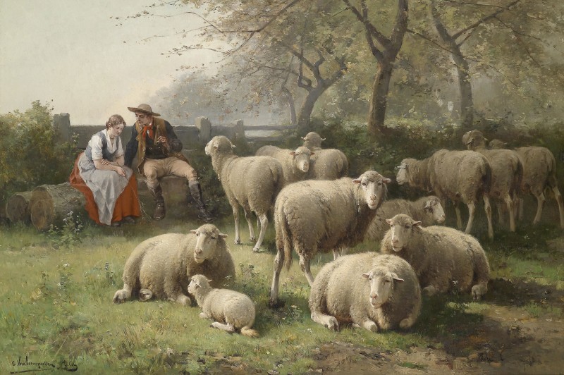 Couple Resting beside a Flock of Sheep, c.1886, Oil on Canvas