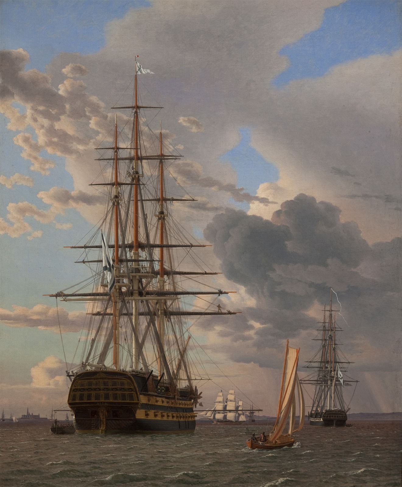 The Russian Ship of the Assow Line and a Frigate at Anchor in the Roads of Elsinore, c.1828, Oil on Canvas
