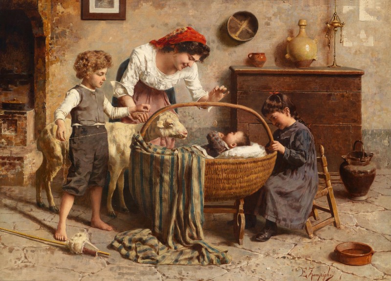 Idyllic Family Scene with Newborn, c.1910, Oil on Canvas