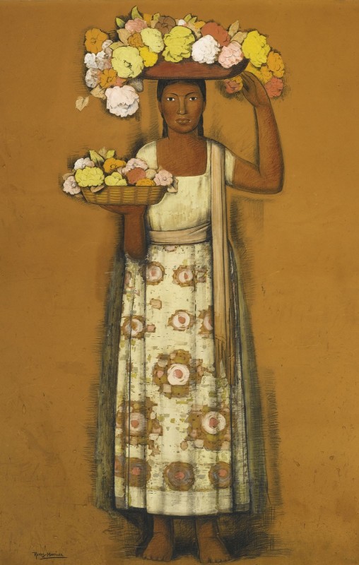 Woman with Flowers, c.1935, Gouache and Ink on Parchment