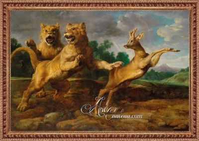 Two Lionesses Hunting a Roebuck, after Frans Snyders