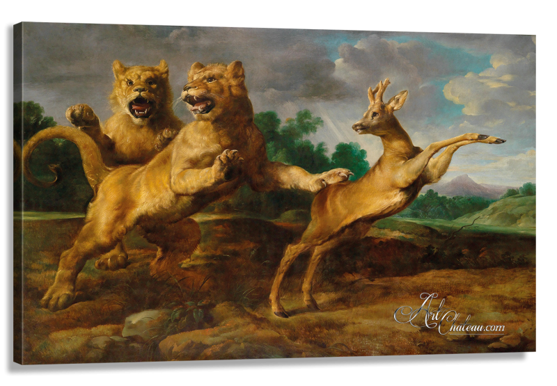 Two Lionesses Hunting a Roebuck, after Frans Snyders