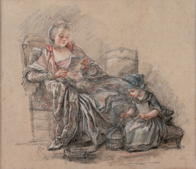 Madame Pompadour with her Daughter Alexandrine, c.1748  Black, White, Blue, and Red Chalk