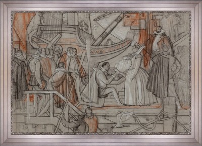 Sir Walter Raleigh accepting his charter from Queen Elizabeth I