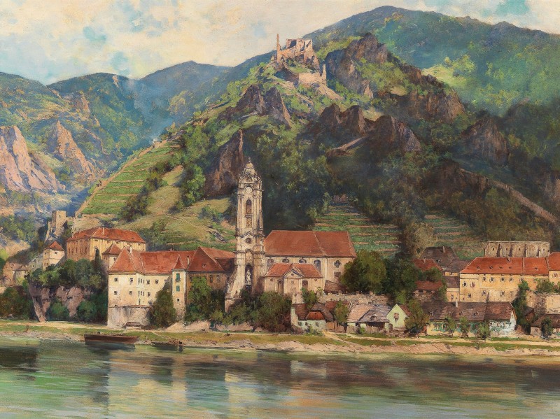 A View of Dürnstein, c.1950, Watercolor and Pen on Parchment