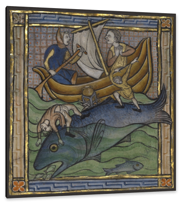 Two Fishermen on an Aspidochelone, c.1270, Tempera colors, gold leaf, and ink on parchment