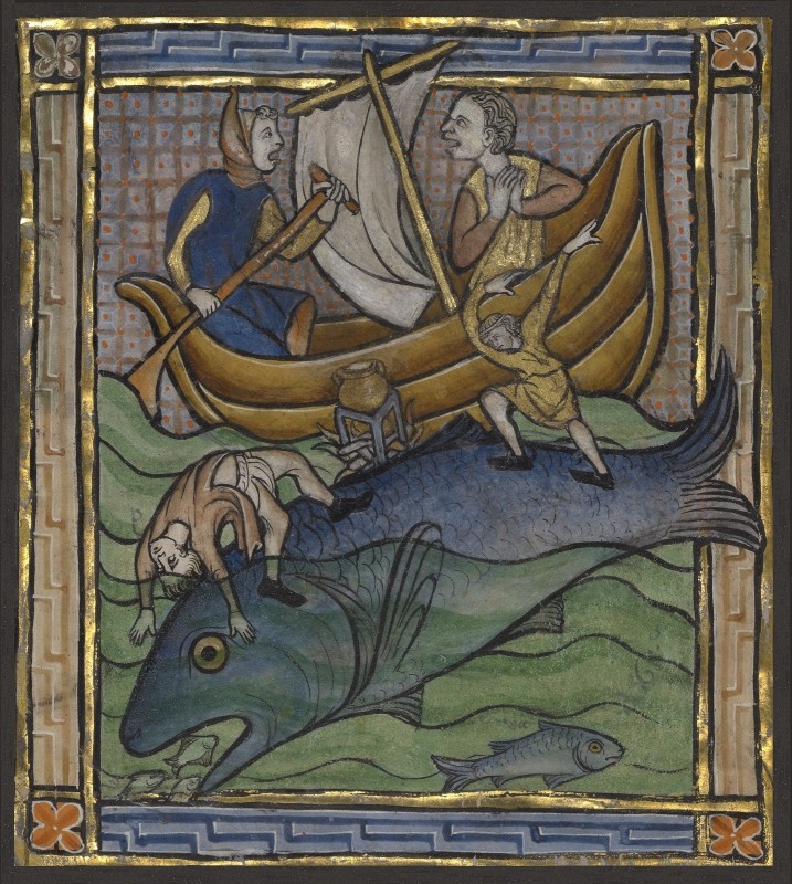 Two Fishermen on an Aspidochelone, c.1270, Tempera colors, gold leaf, and ink on parchment