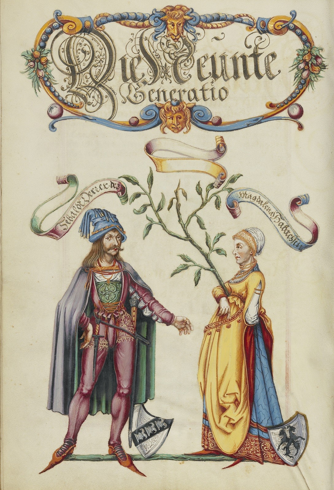 The Ninth Generation, Sebaldt Derrer II, c.1626, Tempera colors with gold and silver highlights on parchment
