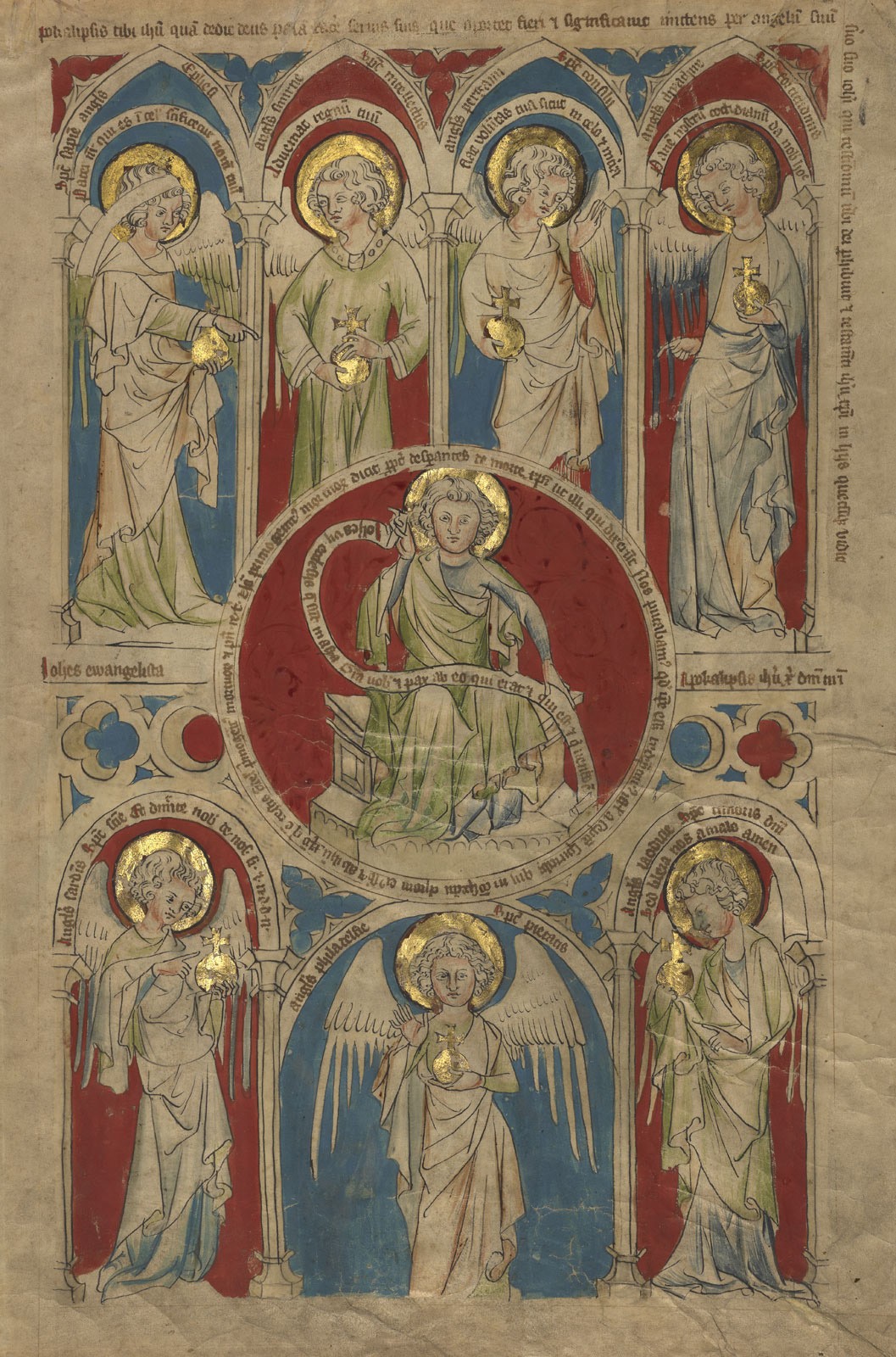 Saint John the Evangelist and Angels representing the Seven Churches, c.1345, Tempera colors, gold leaf, and brown and black inks on parchment