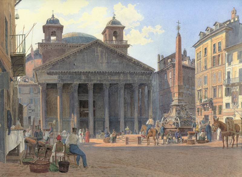 The Pantheon and the Piazza della Rotonda in Rome, c.1836, Watercolor on Parchment
