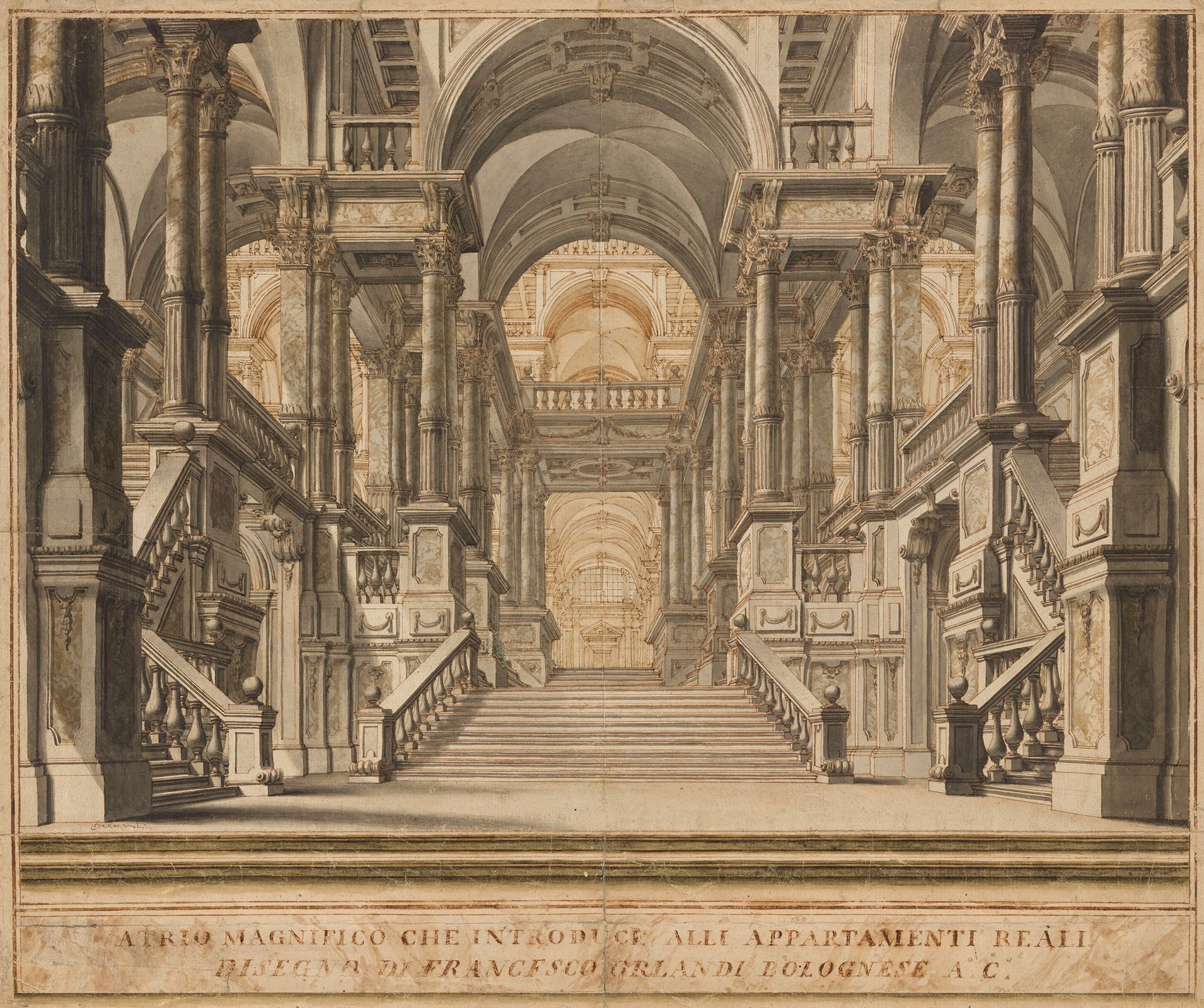 A Palace Entrance Hall with a Grand Staircase, c.1760, Ink with Brown Color Wash