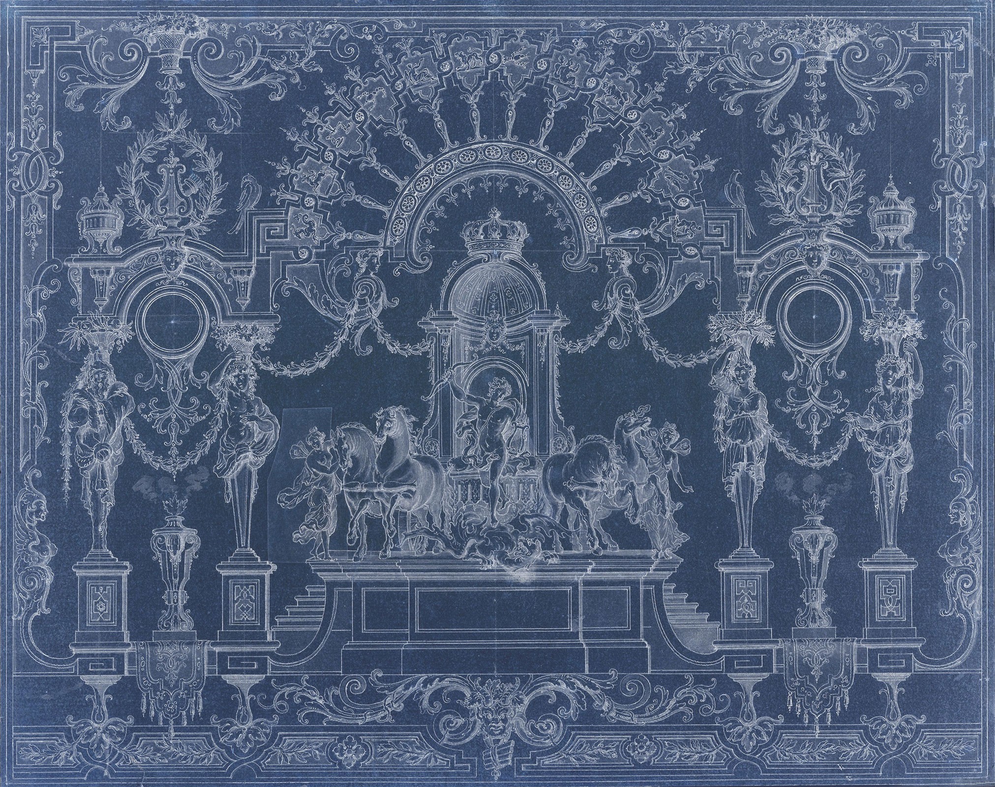 17th Century Design Blue-Print for a French Chateau, c.1688, White Pencil on Blue Paper