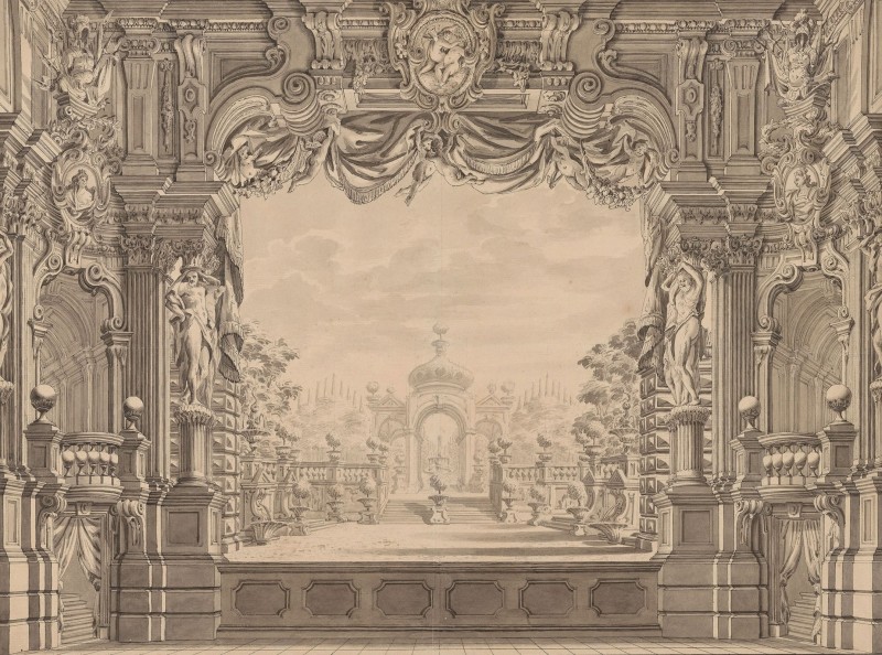 Elaborate Stage Set Design for the Theater in der Josefstadt, Vienna, c.1790, Parchment