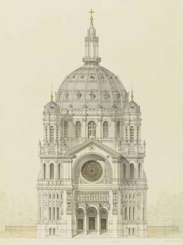 Architectural Sketch of Saint-Augustin, Paris, c.1848, Pencil and Color Wash