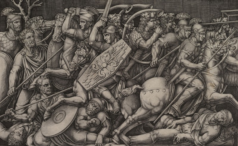 Roman Soldiers Fighting Dacians, Relief on the Arch of Constantine in Rome, c.1553, Engraving