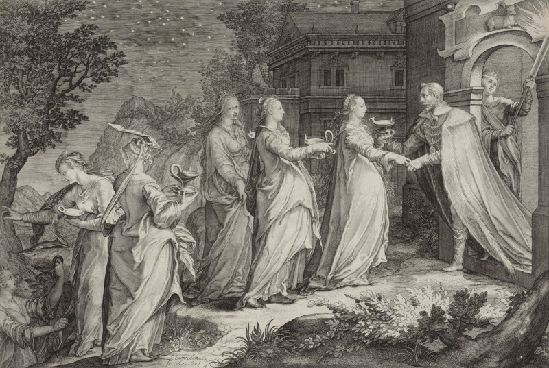 Receipt of the Wise Virgins by the Groom, c.1605, Engraving 