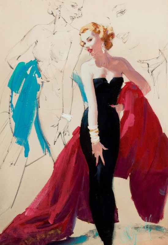 Black Evening Dress, Brown and Bigelow, c. 1957, Oil on Canvas